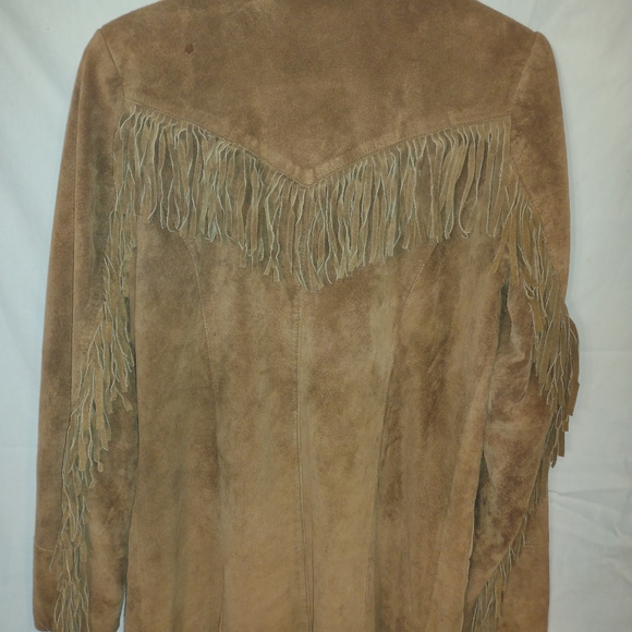 SOLD women's denim and co 100% leather shell fringe tan jacket button up small - Picture 10 of 11